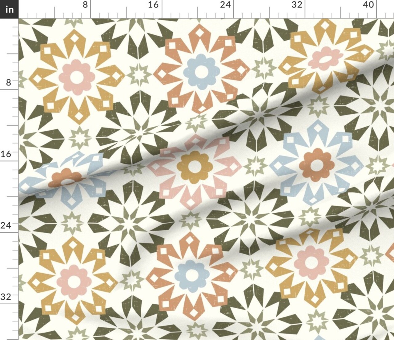 Faux Tile Geometric Modern Bohemian Eclectic Mediterranean Large Scale Earth Tones Distressing Rustic Patchwork Farmhouse Country Kitchen Custom Printed Fabric by Spoonflower Various Fabrics by the Yard or Fat Quarter